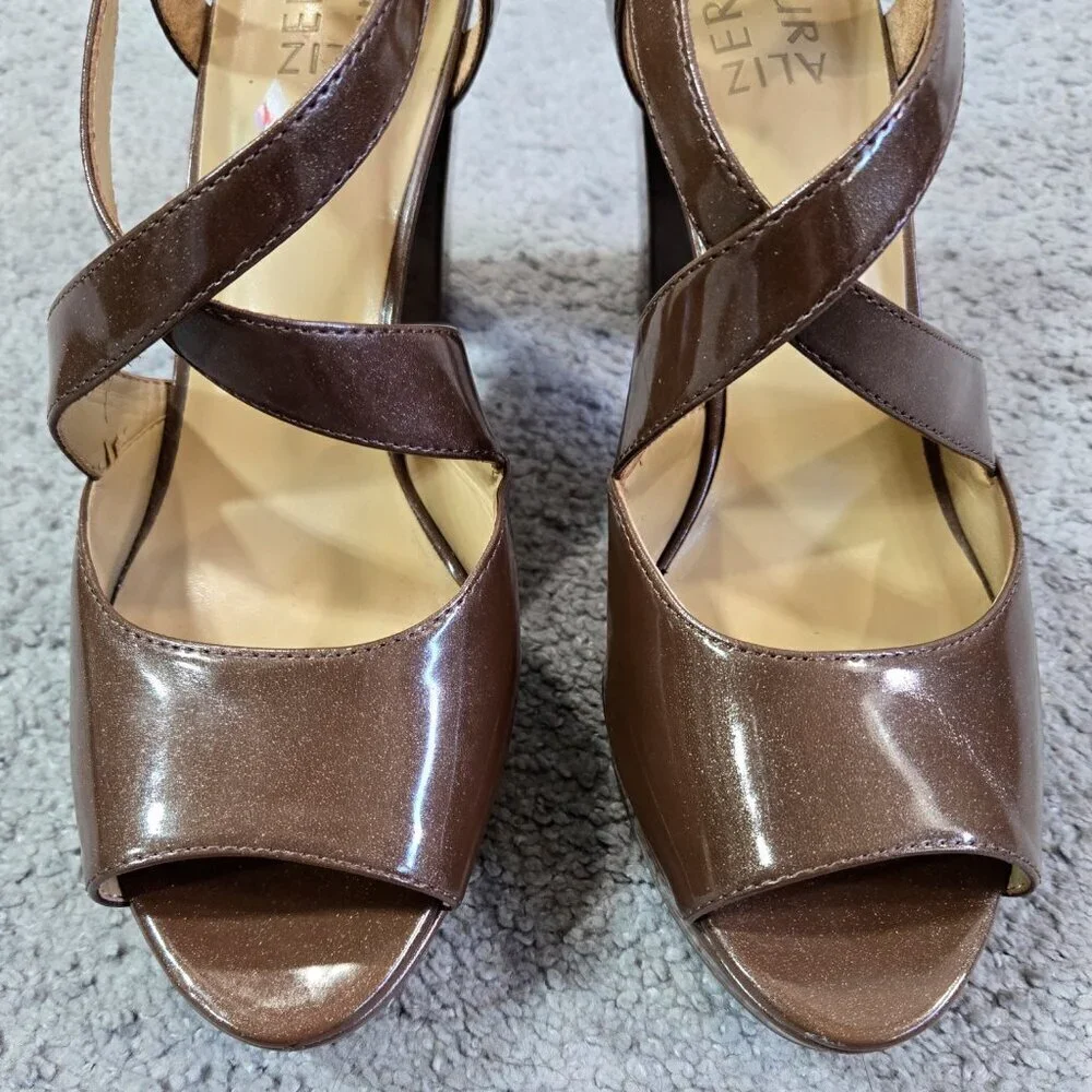 Naturalizer Elise Brown Criss Cross Strap Platform Heels Shimmering Party